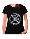 T-shirt Viking Woman Vegvísir preta, manga curta