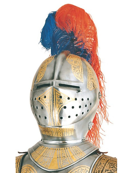 Armadura natural de prata com gravuras douradas e espada nas mãos