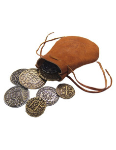 Bolsa de couro com 8 moedas espanholas