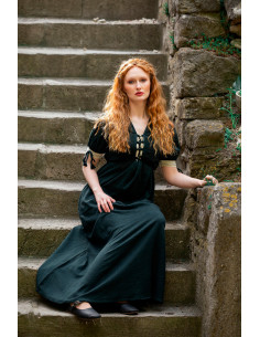 Vestido medieval Denise com atacadores, natural verde-branco
