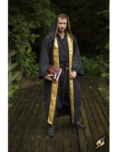 Manto de feiticeiro com capuz, preto-dourado