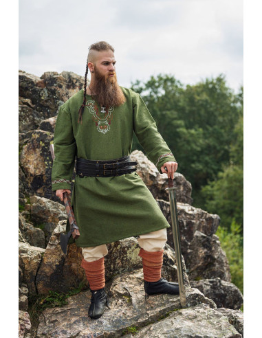 Túnica Freki Viking com bordados à mão, cor verde