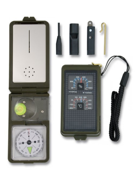 bússola com acessórios de sobrevivência