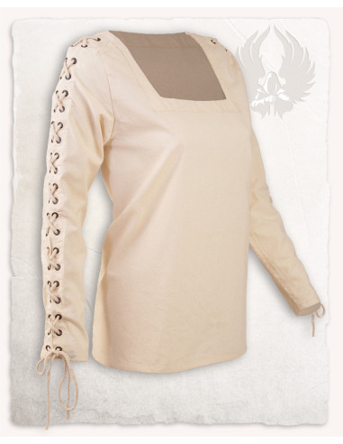 Blusa de mulher medieval creme Abby com ilhós e cordões cruzados