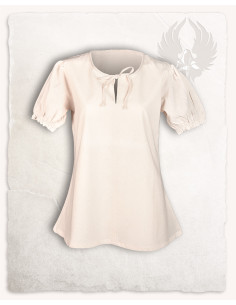 Blusa medieval Elisa manga curta, cor creme, com laço frontal