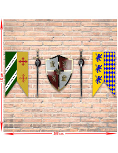 Panóplia medieval de Castilla y León com espadas, estandartes e escudo