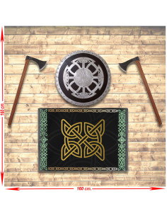 Panóplia Viking com escudo, machados e estandarte