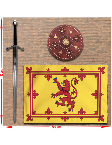 Panóplia do rei dos escoceses com espada larga, escudo targe e estandarte