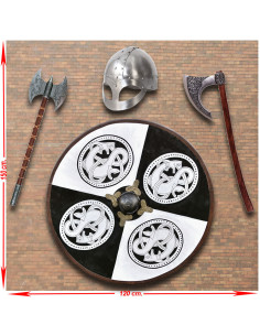 Panóplia de armas Viking com escudo, machados e capacete
