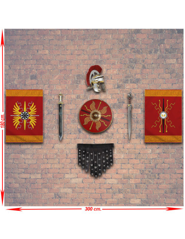 Panóplia de armas legiões romanas. estandartes, escudo, gládio, capacete e cíngulo