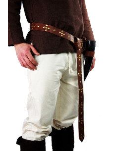 Cinto Viking em pele com rebites cruzados, castanho