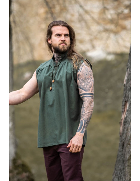 Camisa medieval verde sem mangas,...