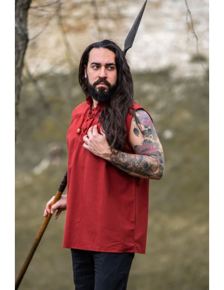 Camisa medieval vermelha sem mangas,...