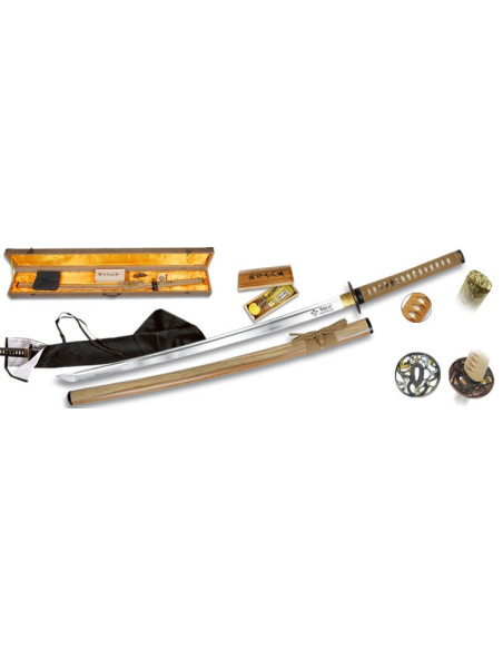 Aço Carbono Katana + tampa + box + Kit de limpeza + 2 tsubas