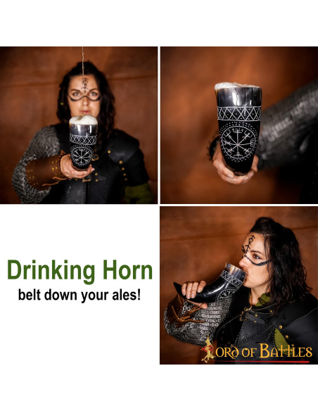 Chifre Viking Vegvisir em couro de boi