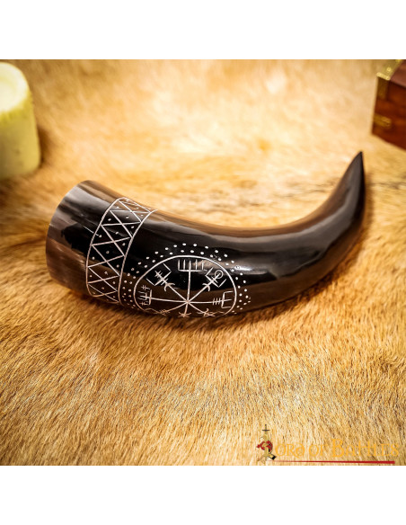Chifre Viking Vegvisir em couro de boi