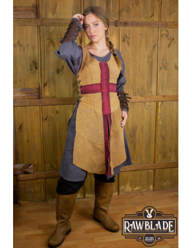 Tabardo Cruzado Medieval Feminino - Marrom Claro e Vermelho