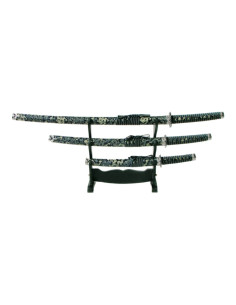 Conjunto ornamental com Katana azulada, wakizashi e tanto