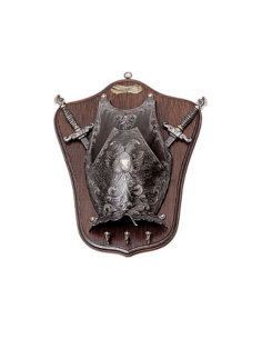 Panóplia medieval, tipo chaveiro, com 2 espadas e escudo...