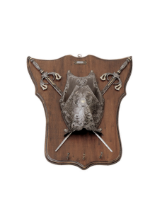 Panóplia medieval, tipo chaveiro, com 2 espadas e escudo...