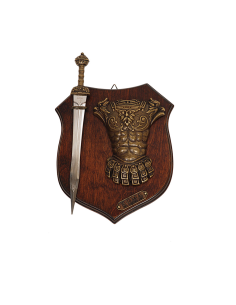 Panóplia de armas com espada gládio e lorica romana...