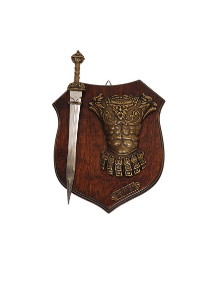 Panóplia de armas com espada gládio e...