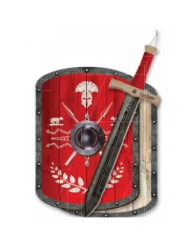 Conjunto romano vermelho para crianças escudo de madeira e espada