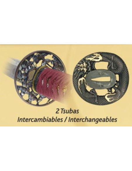 aço carbono Katana + tampa + box + 2 tsubas + kit de limpeza