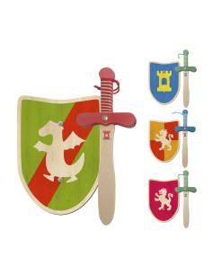 Conjunto pequeno de espada e escudo de madeira medieval