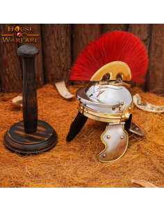 Mini capacete legionário romano com suporte de madeira 2