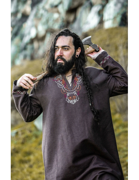 Túnica Viking com bordado Freki, marrom