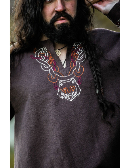 Túnica Viking com bordado Freki, marrom