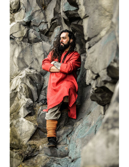 Halvar Linho Viking Túnica Vermelho