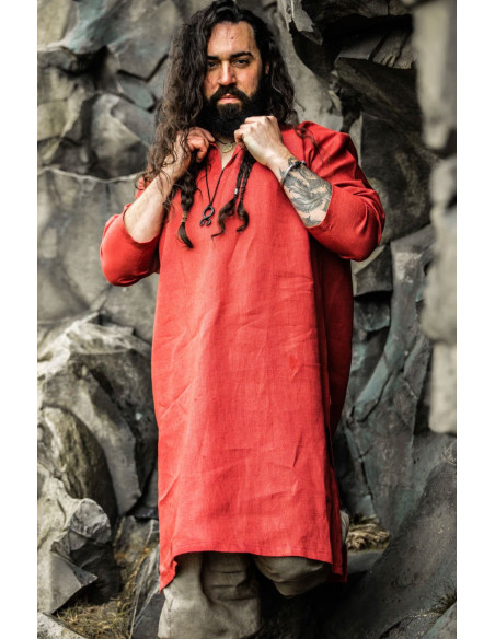 Halvar Linho Viking Túnica Vermelho