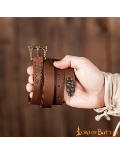 Cinto estreito Viking marrom com fivela e placa