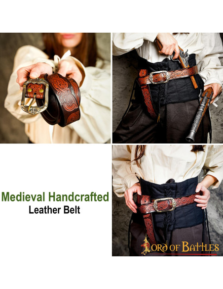 Cinto viking de couro marrom com...