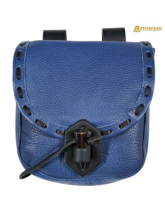 Bolsa medieval em couro azul com fecho de chifre...