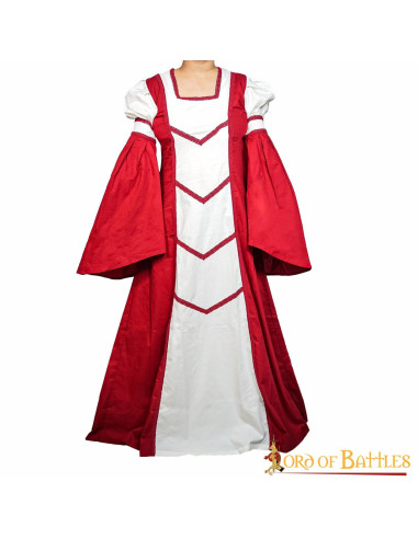 Vestido medieval da Donzela Isabel, branco-vermelho