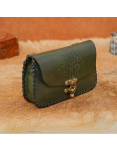Bolsa de couro com cruz celta em relevo, verde