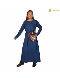 Vestido Viking de linho feminino modelo Helga, cor azul