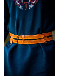 Cinto duplo Viking em couro marrom claro