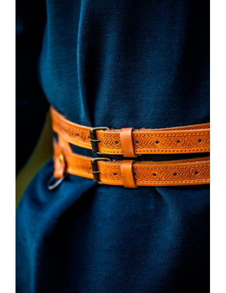 Cinto duplo Viking em couro marrom claro