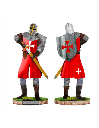 Cavaleiro templário vermelho em miniatura com capacete, escudo e espada (18 cm.)