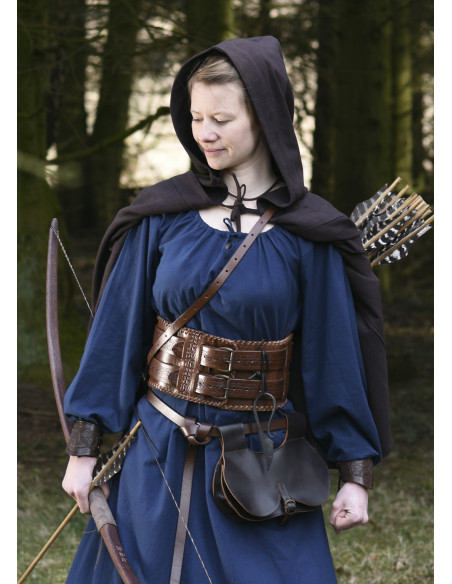 Capa medieval curta aberta com capuz,...