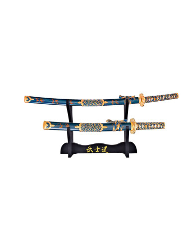 Samurai Katana, Wakizashi e pacote de suporte, Azul-Dourado