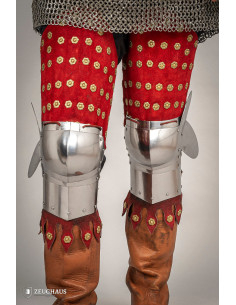 Armadura medieval para pernas em aço e couro vermelho