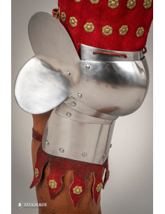 Armadura medieval para pernas em aço e couro vermelho 2