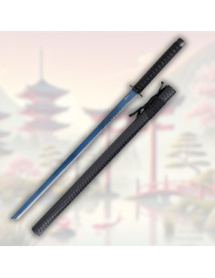Katana decorativa lâmina aço acabamento titânio azul
