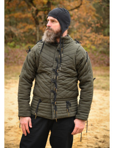 Gambesão medieval de algodão acolchoado, cor verde oliva