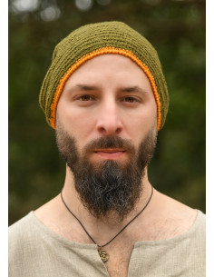 Gorro de lã crochê, verde-amarelo